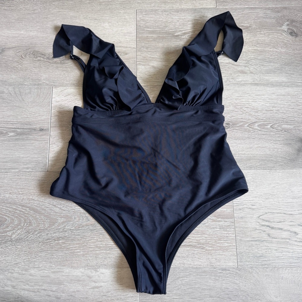 Sporlike Womens Black Ruffle V-Neck One Piece Swimsuit Lace Up Back Medium